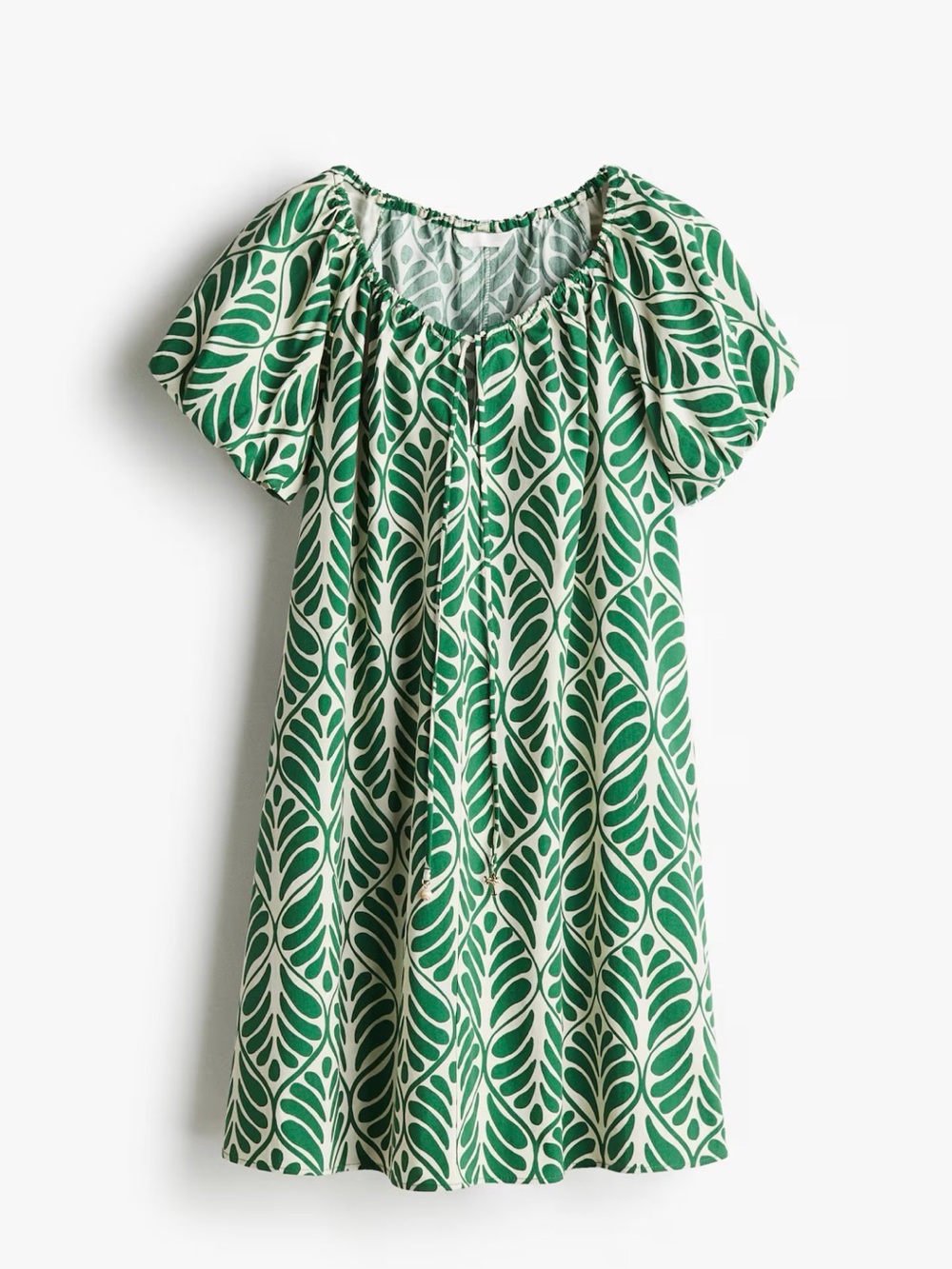 H&M Green Leaf-Print Puff Sleeve Dress
